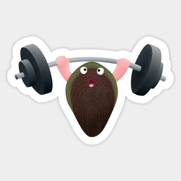 Funny mussel lifting weights cartoon illustration Sticker by FrogFactory